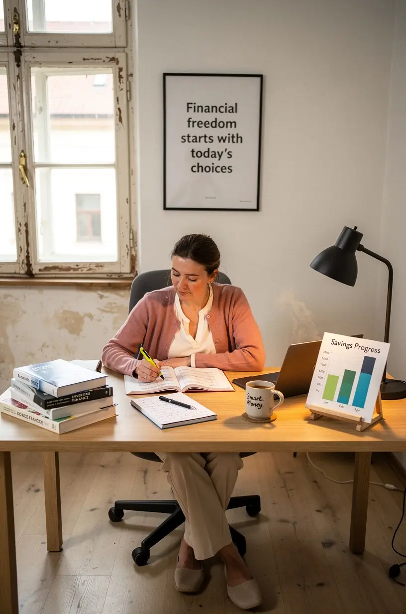 Osoba zapisující si rozpočet do deníku s finančními plánovacími nástroji